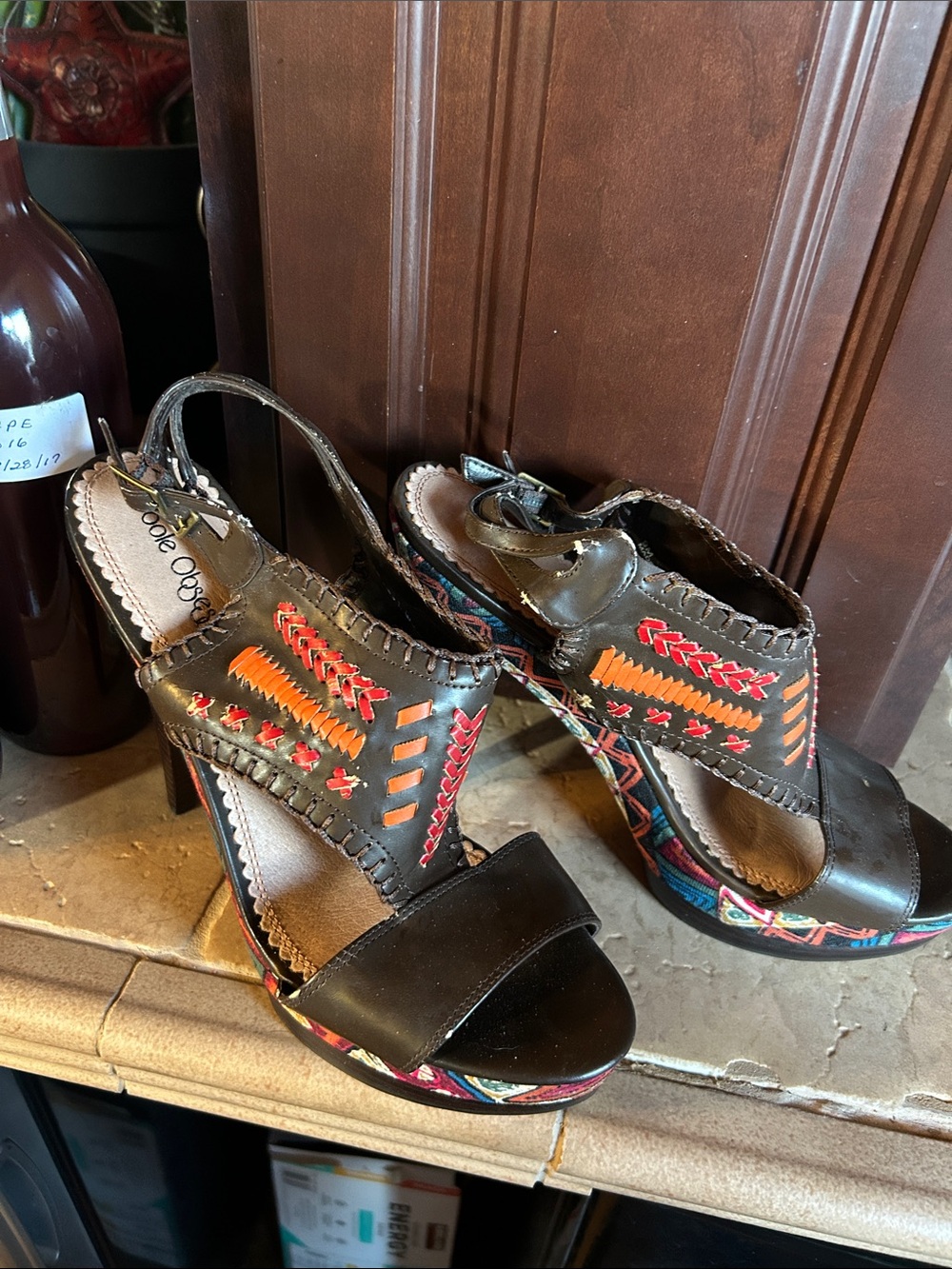 Black Embroidered Wedge Sandals with Colorful Accent